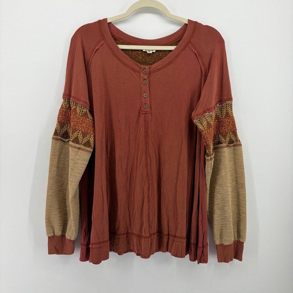 POL Womens Medium Terracotta Henley Top Mixed Media Chevron Boho BWT413